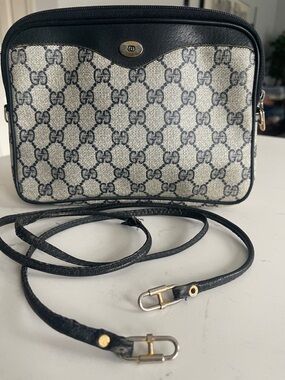 Gucci Monogram Crossbody Bag in Beige and Navy with Gold Hardware